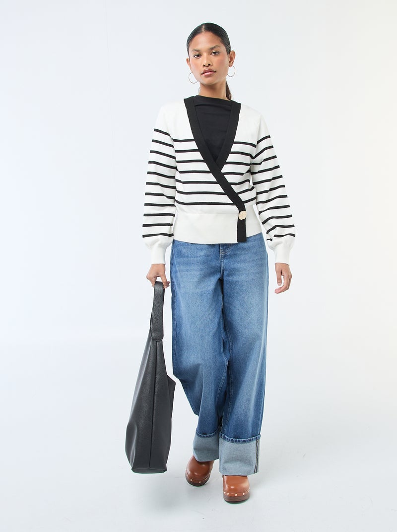 Maglione effetto cardigan incrociato con bottone dorato Nero - Kiabi