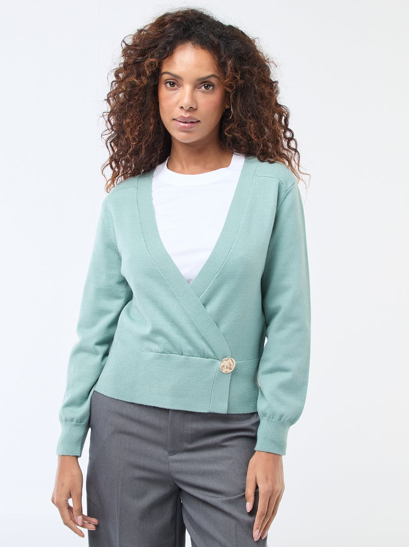 Maglione effetto cardigan incrociato con bottone dorato Verde - Kiabi