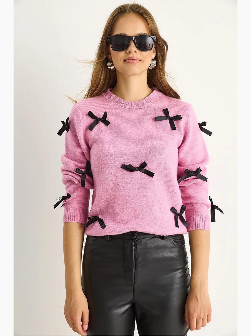 Maglione girocollo con dettaglio fiocco lucci Rosa pallido - Kiabi