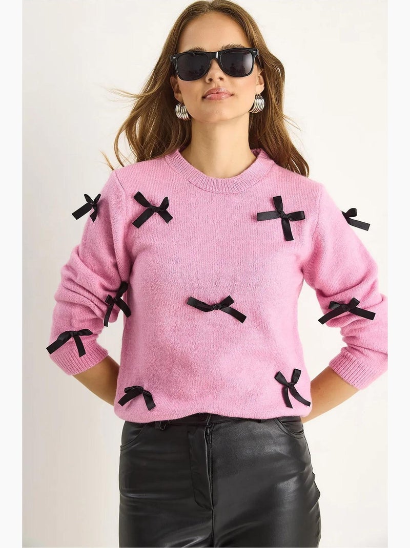 Maglione girocollo con dettaglio fiocco lucci Rosa pallido - Kiabi