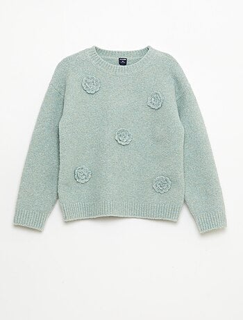 Maglione girocollo con fiori all'uncinetto tinta unita