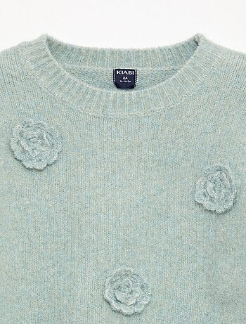 Maglione girocollo con fiori all'uncinetto tinta unita
