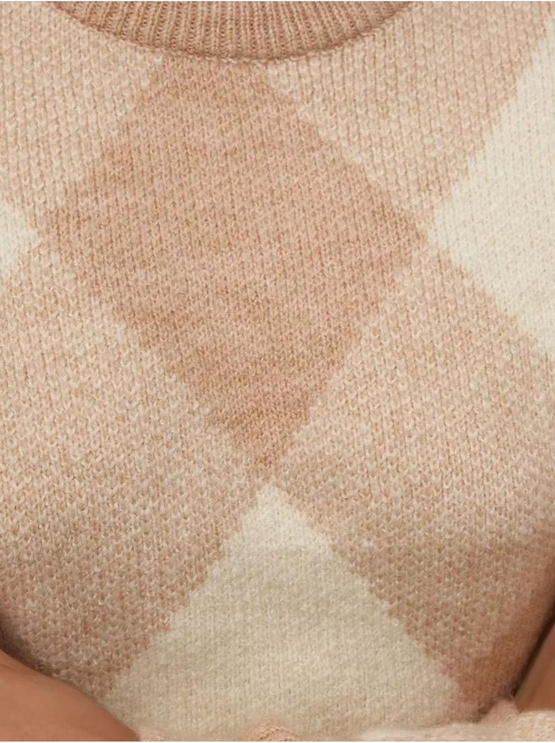 Maglione girocollo con motivo a rombi Cammello - Kiabi