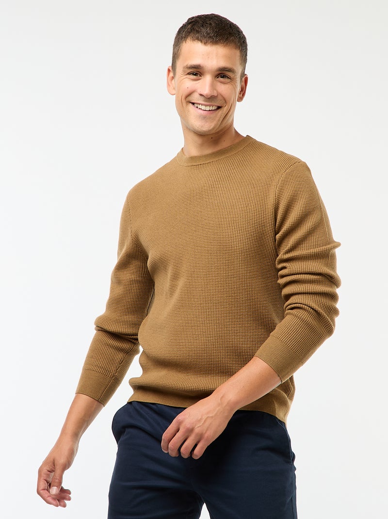 Maglione girocollo goffrato tinta unita Marrone - Kiabi