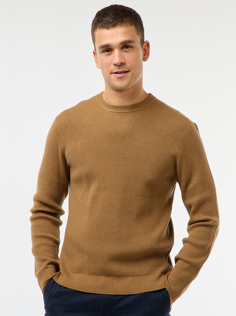 Maglione girocollo goffrato tinta unita Marrone - Kiabi