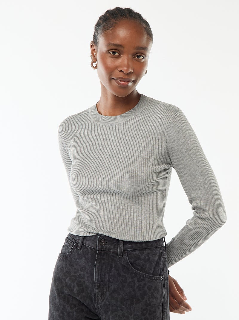 Maglione girocollo in costina unita Grigio - Kiabi