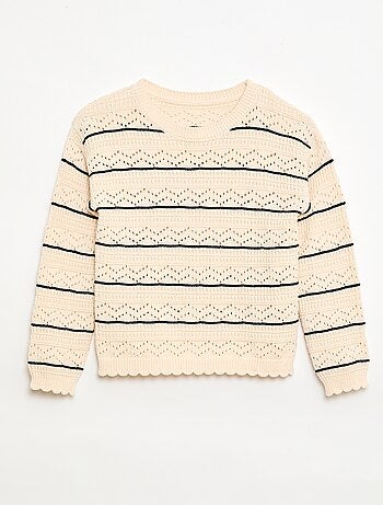 Maglione girocollo in maglia fantasia con motivi traforati in cotone