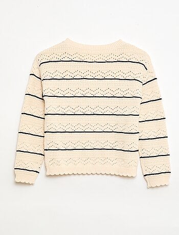 Maglione girocollo in maglia fantasia con motivi traforati in cotone