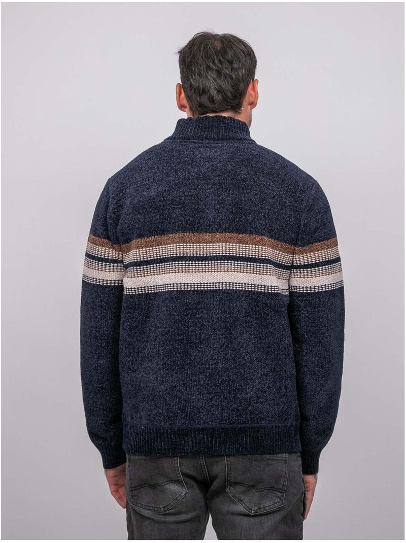 Maglione in ciniglia con collo camionista, zip e righe latoria Blu marino - Kiabi