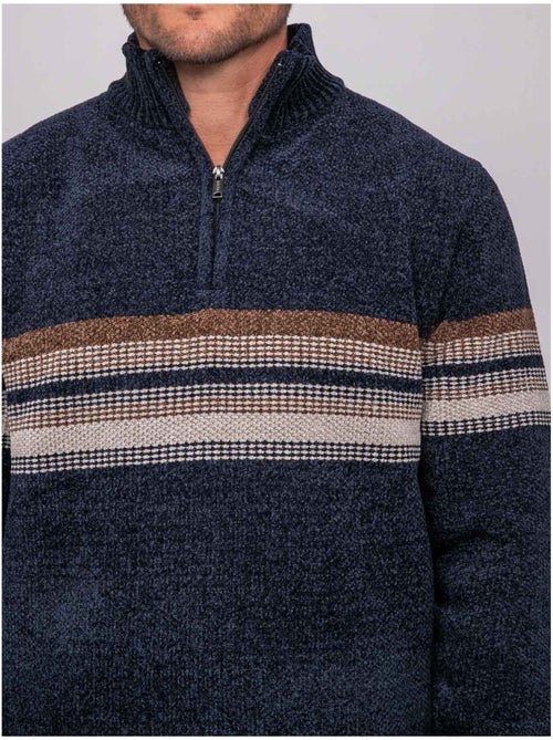 Maglione in ciniglia con collo camionista, zip e righe latoria - Kiabi