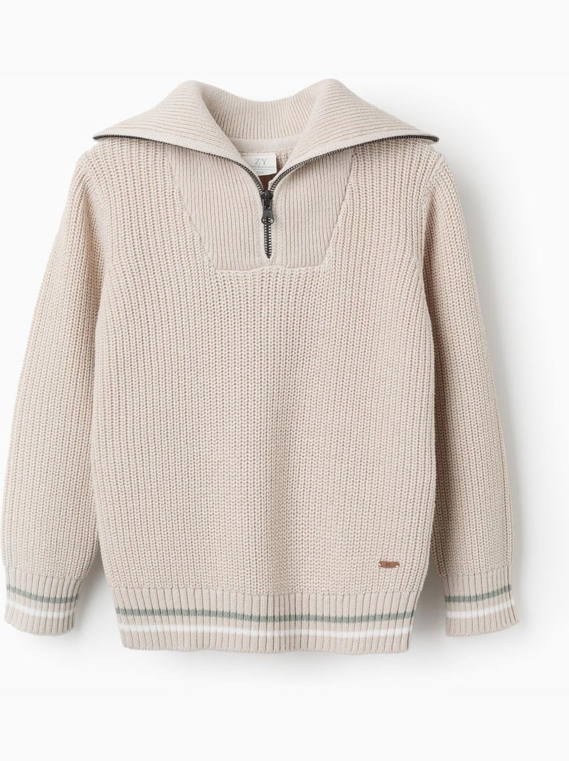 Maglione in cotone lavorato a maglia con mezza zip b&s Beige - Kiabi