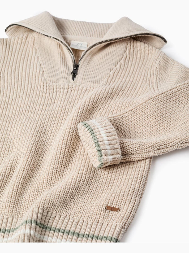 Maglione in cotone lavorato a maglia con mezza zip b&s Beige - Kiabi