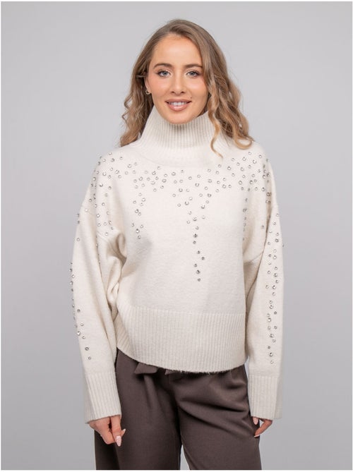 Maglione in maglia a collo alto decorato con strass kobilie - Kiabi
