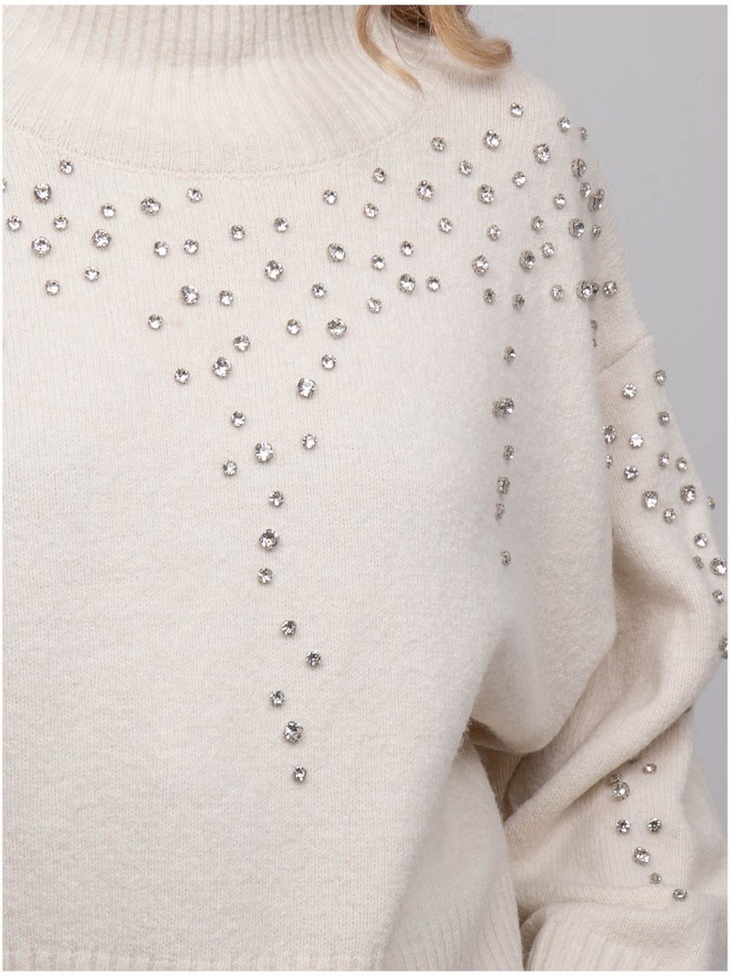 Maglione in maglia a collo alto decorato con strass kobilie Ecru - Kiabi