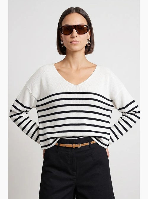 Maglione in maglia a coste con scollo a v a righe dilvin - Kiabi Maglione in maglia a coste con scollo a v a righe dilvin - Kiabi