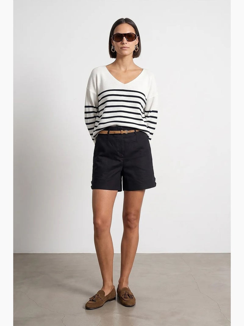Maglione in maglia a coste con scollo a v a righe dilvin Bianco Nero - Kiabi