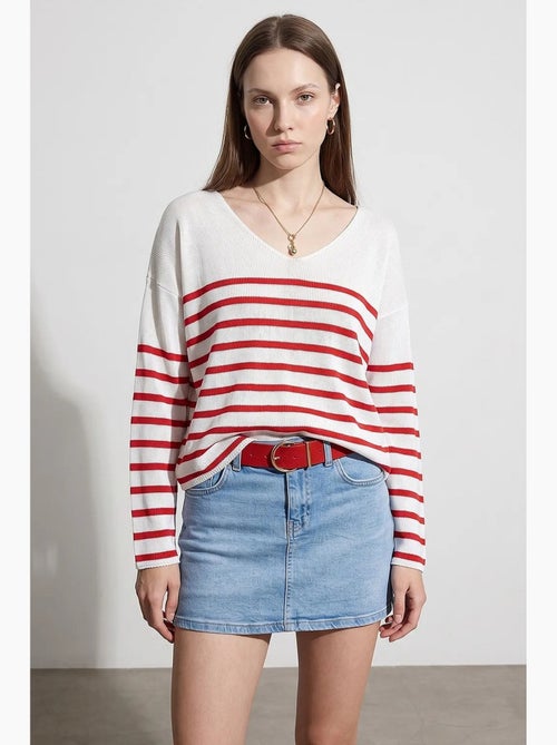 Maglione in maglia a coste con scollo a v a righe dilvin - Kiabi Maglione in maglia a coste con scollo a v a righe dilvin - Kiabi