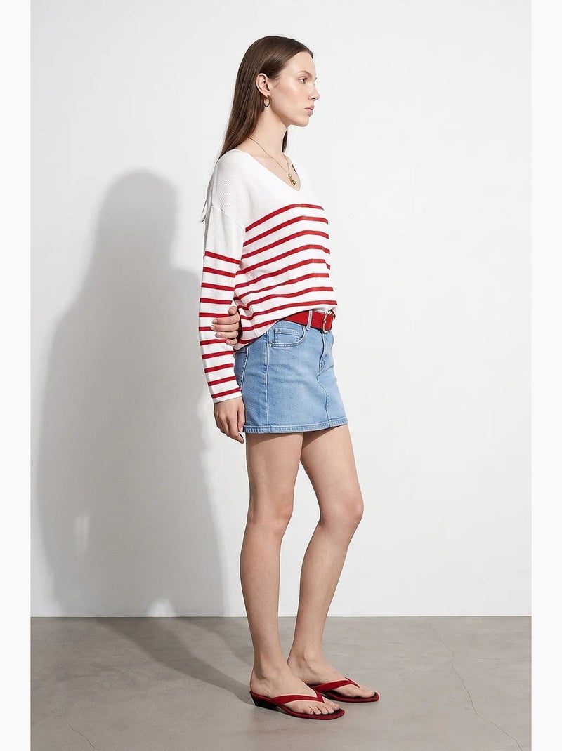 Maglione in maglia a coste con scollo a v a righe dilvin Bianco Rosso - Kiabi