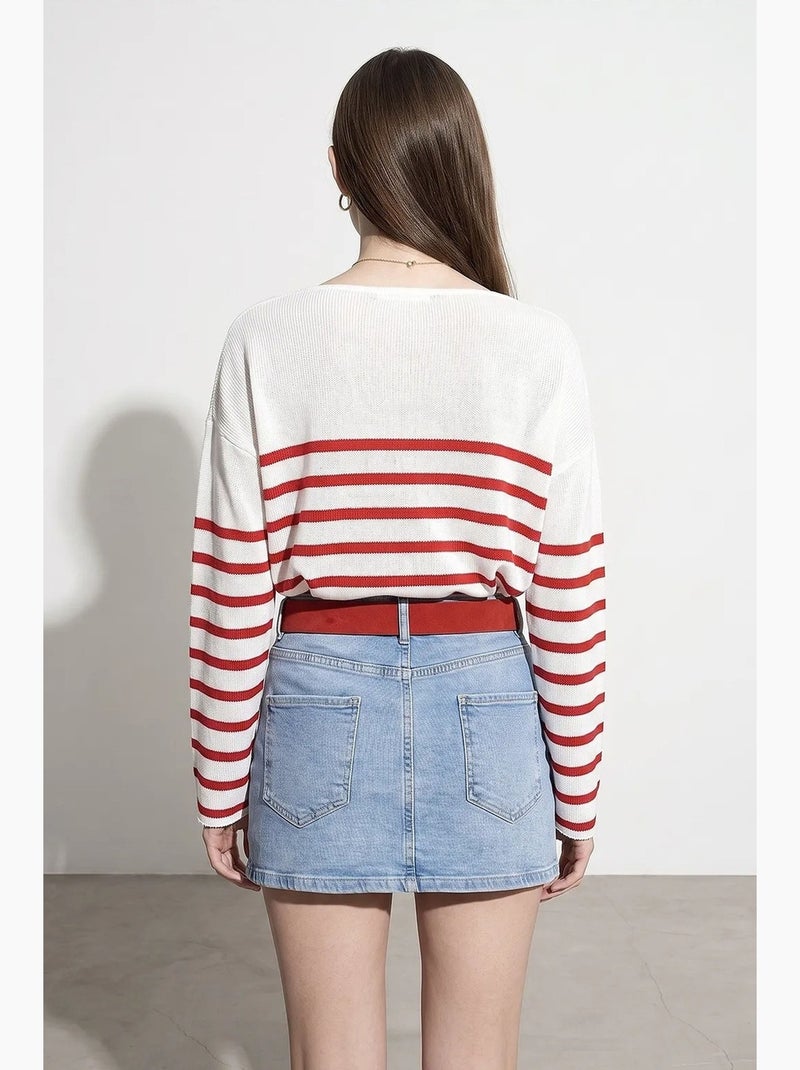 Maglione in maglia a coste con scollo a v a righe dilvin Bianco Rosso - Kiabi