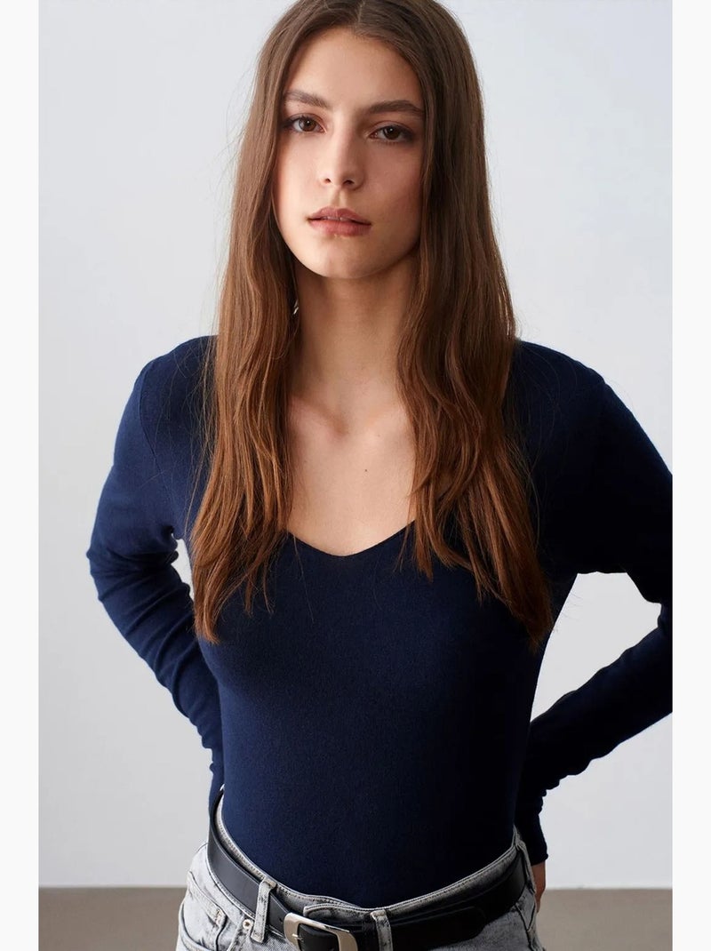 Maglione in maglia a coste con scollo a v slim fit dilvin Blu marino - Kiabi