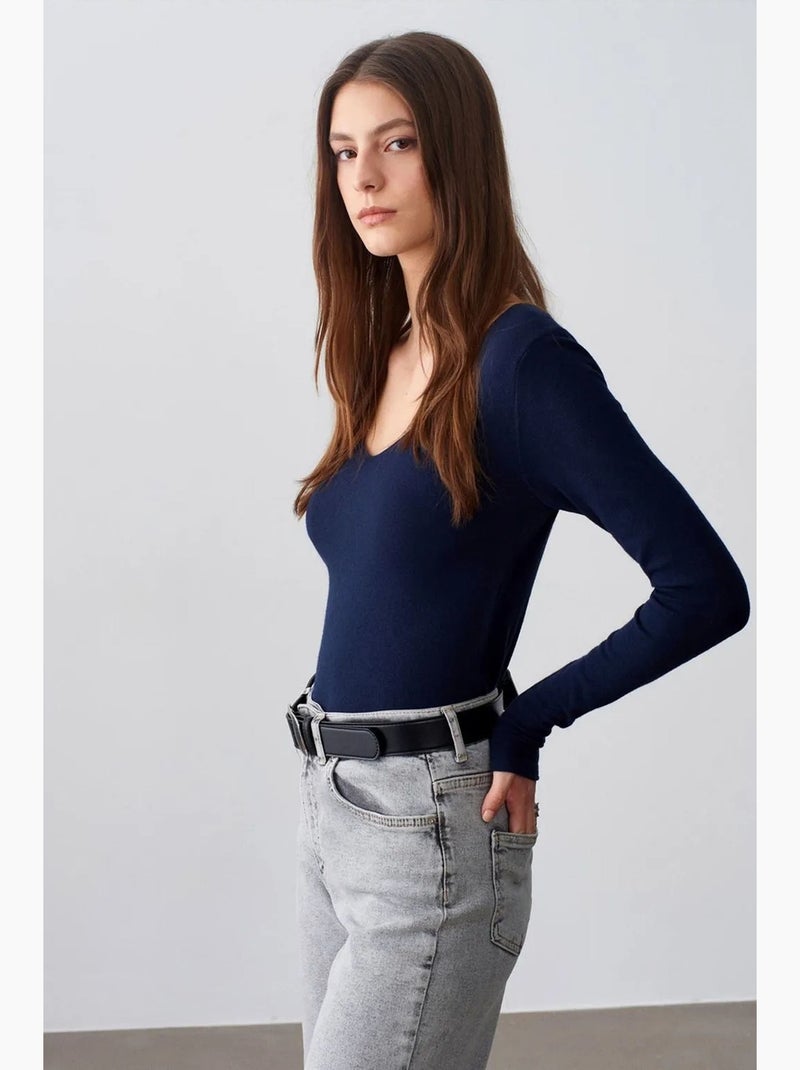 Maglione in maglia a coste con scollo a v slim fit dilvin Blu marino - Kiabi