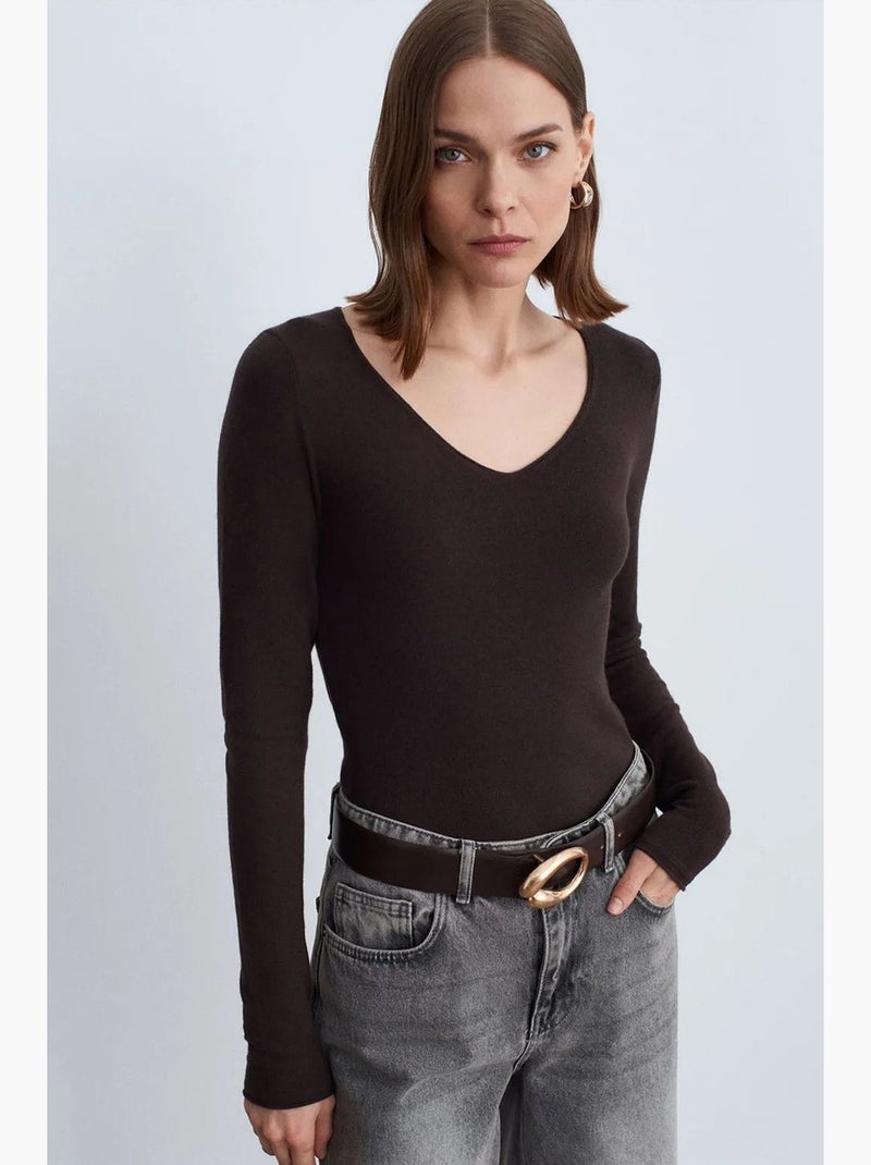 Maglione in maglia a coste con scollo a v slim fit dilvin Marrone cioccolato - Kiabi