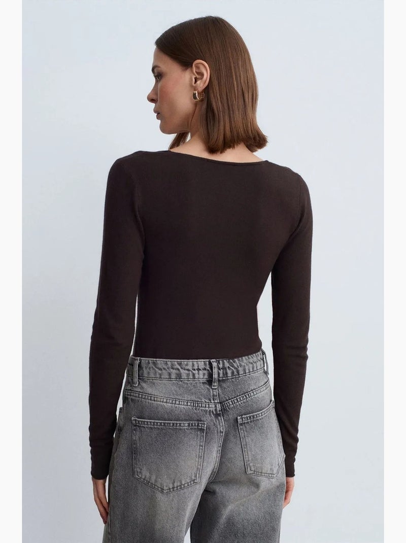 Maglione in maglia a coste con scollo a v slim fit dilvin Marrone cioccolato - Kiabi