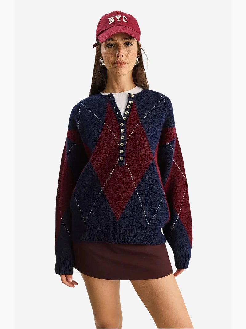 Maglione in maglia a girocollo con chiusura a bottoni lucci Blu marino - Kiabi