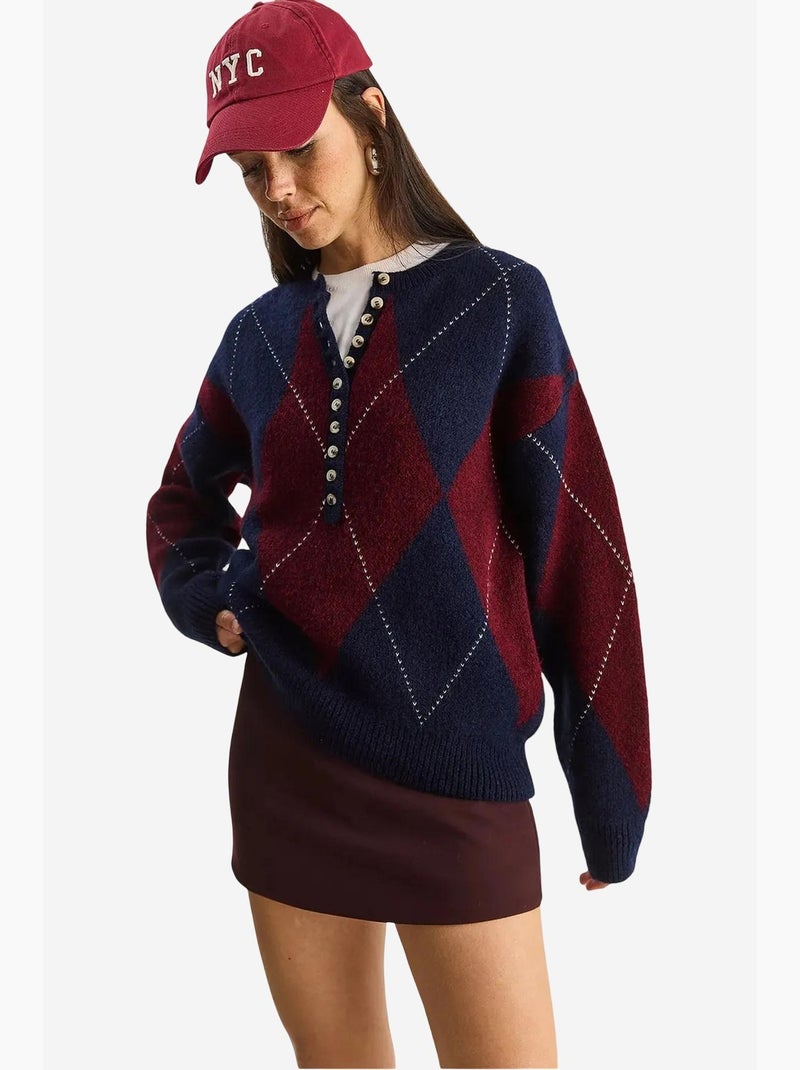 Maglione in maglia a girocollo con chiusura a bottoni lucci Blu marino - Kiabi