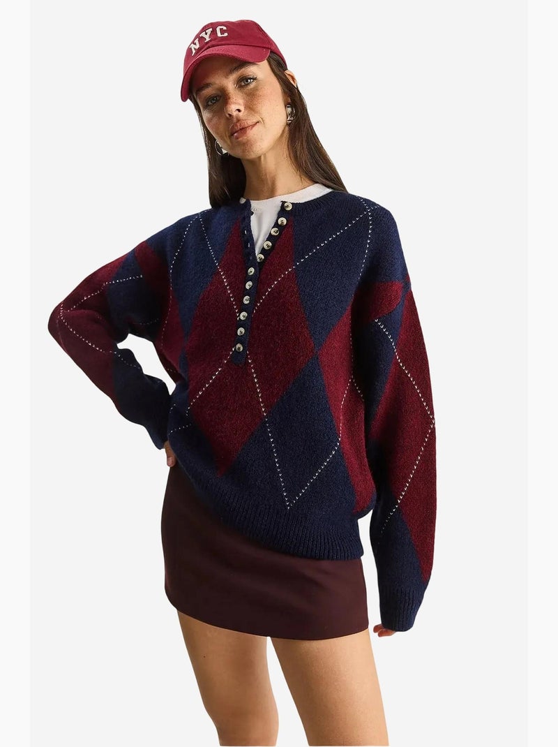 Maglione in maglia a girocollo con chiusura a bottoni lucci Blu marino - Kiabi