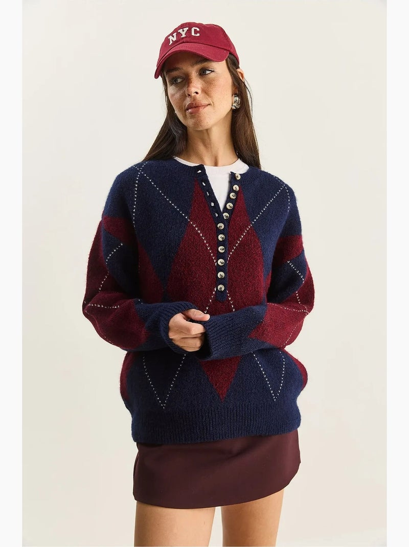 Maglione in maglia a girocollo con chiusura a bottoni lucci Blu marino - Kiabi