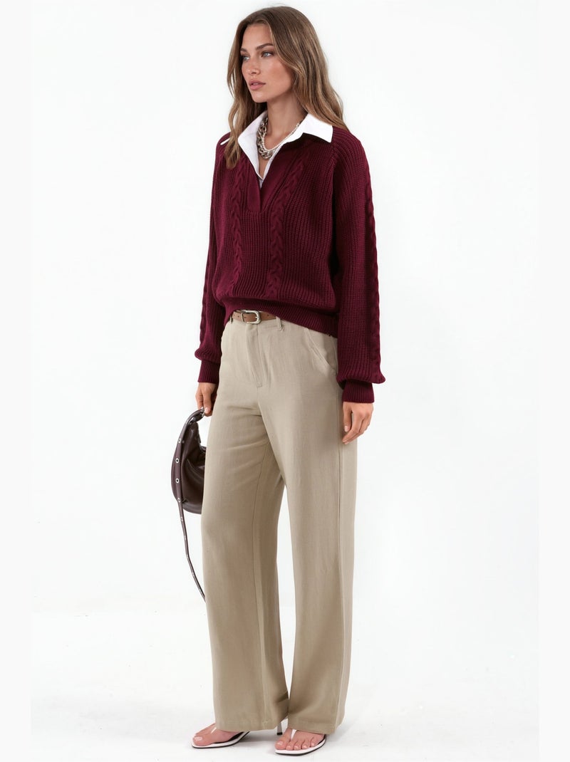 Maglione in maglia a motivo con colletto da camicia hiccup Rosso bordeaux - Kiabi