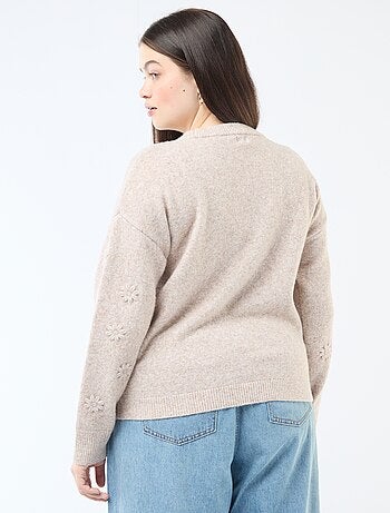 Maglione in maglia a punto grosso con maniche lunghe e ricami floreali