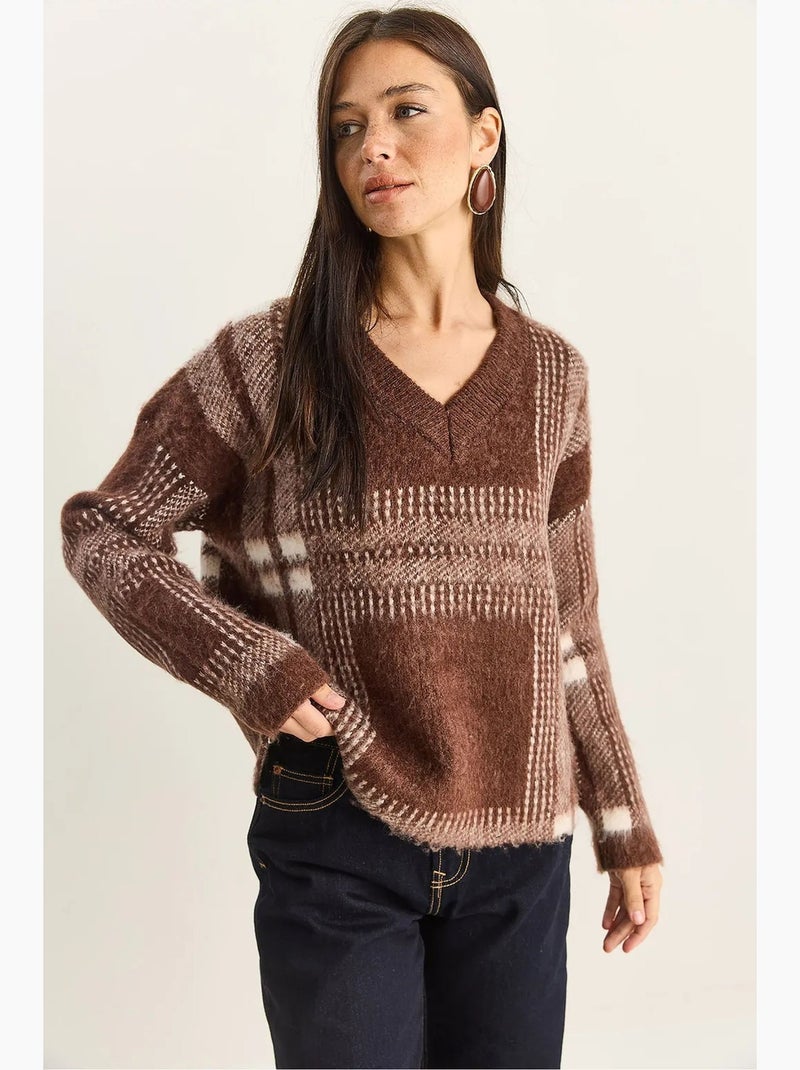 Maglione in maglia a quadri con scollo a v e maniche lunghe lucci Marrone - Kiabi