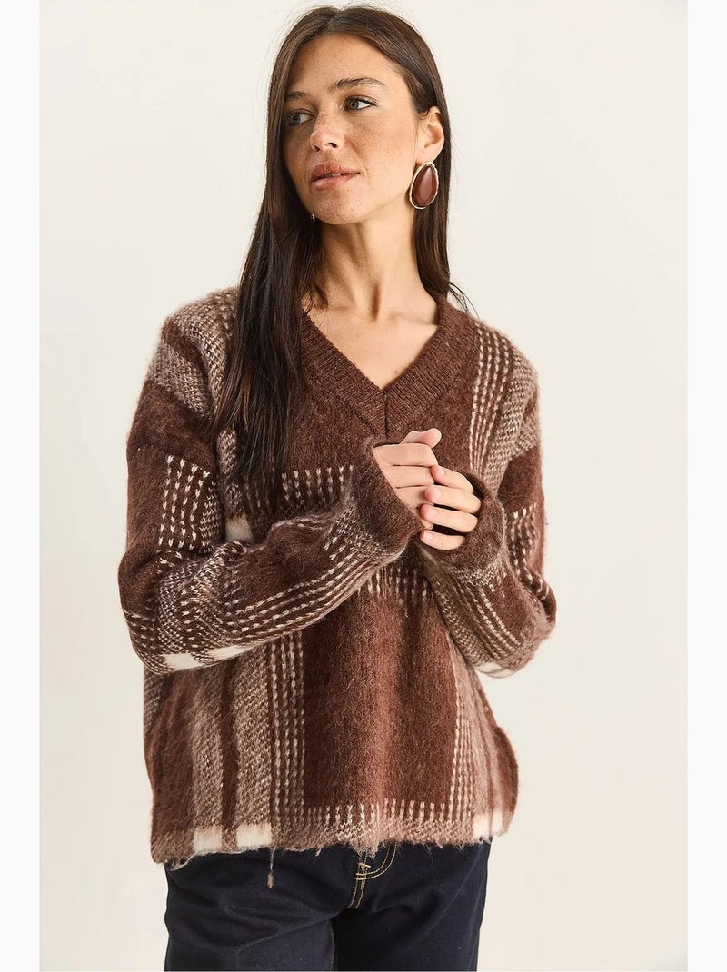 Maglione in maglia a quadri con scollo a v e maniche lunghe lucci Marrone - Kiabi