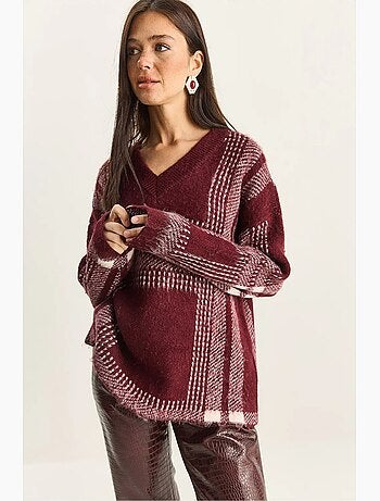 Maglione in maglia a quadri con scollo a v e maniche lunghe lucci
