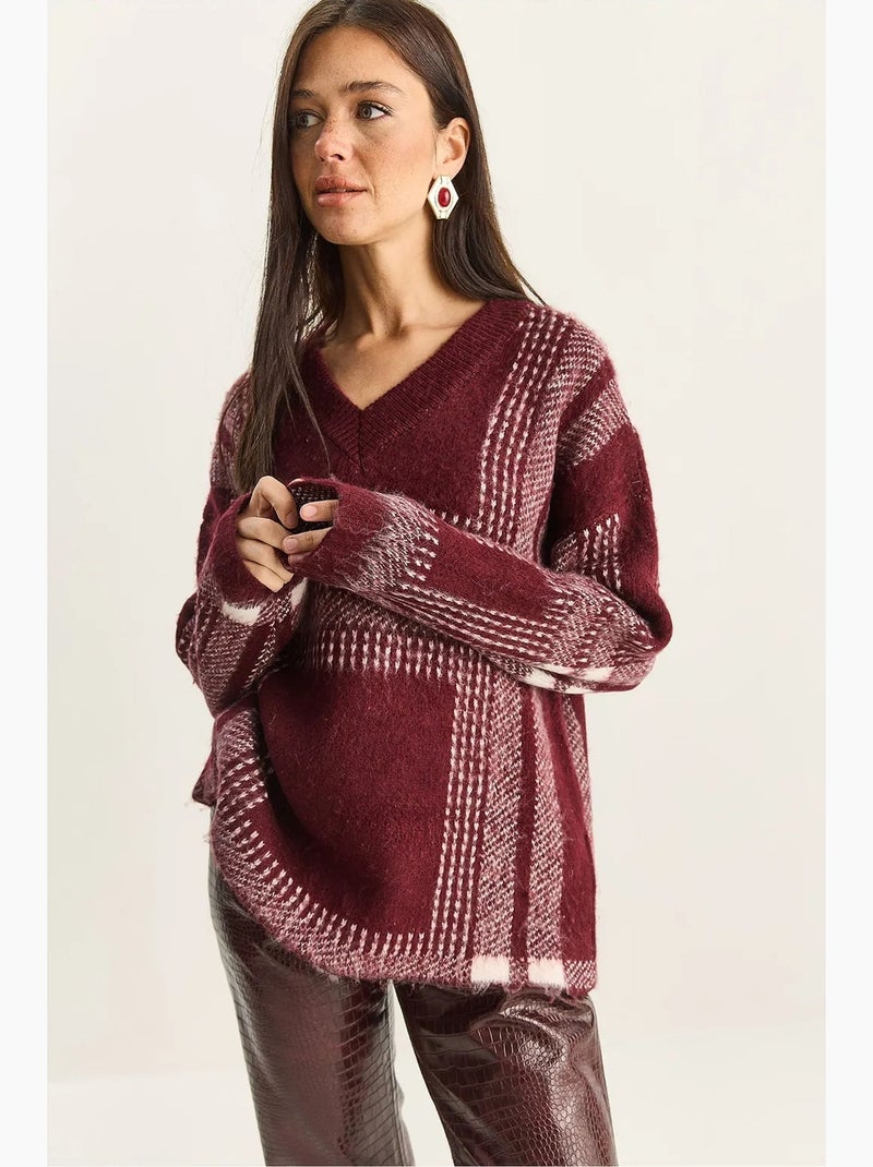 Maglione in maglia a quadri con scollo a v e maniche lunghe lucci Rosso bordeaux - Kiabi