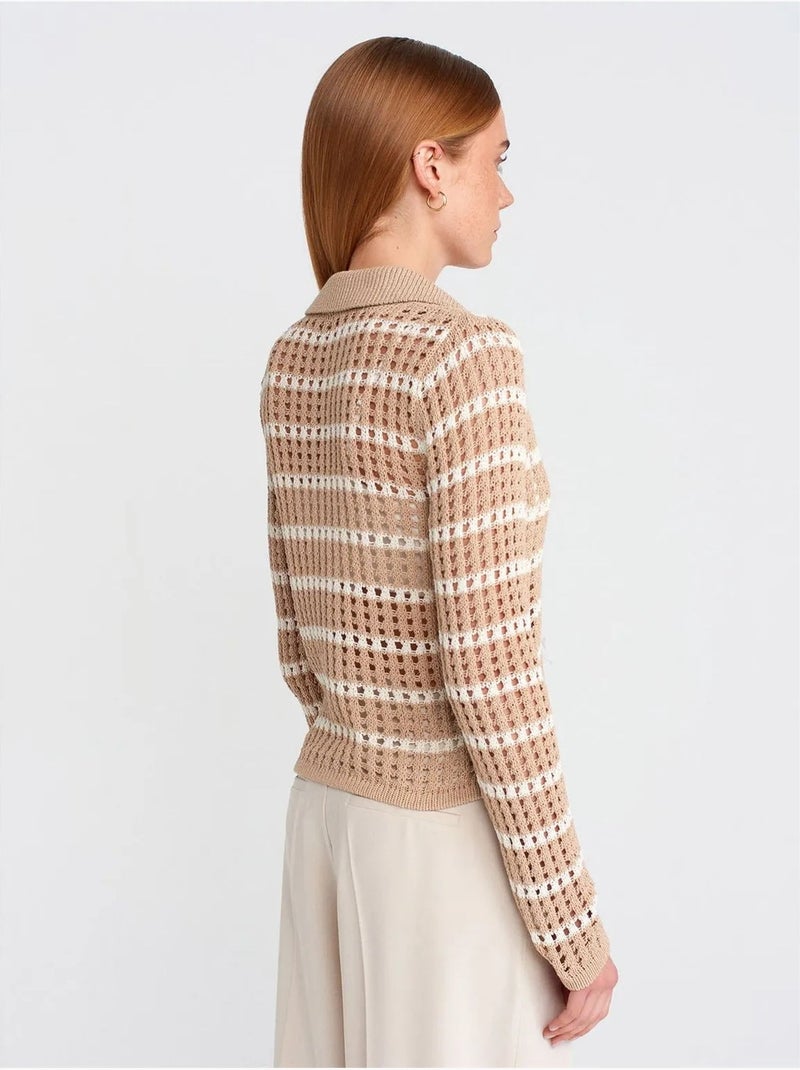 Maglione in maglia a righe con colletto polo e bottoni Beige naturale - Kiabi
