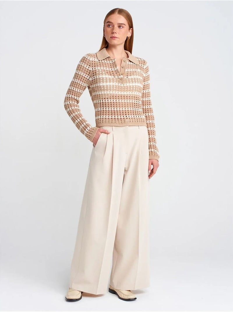 Maglione in maglia a righe con colletto polo e bottoni Beige naturale - Kiabi