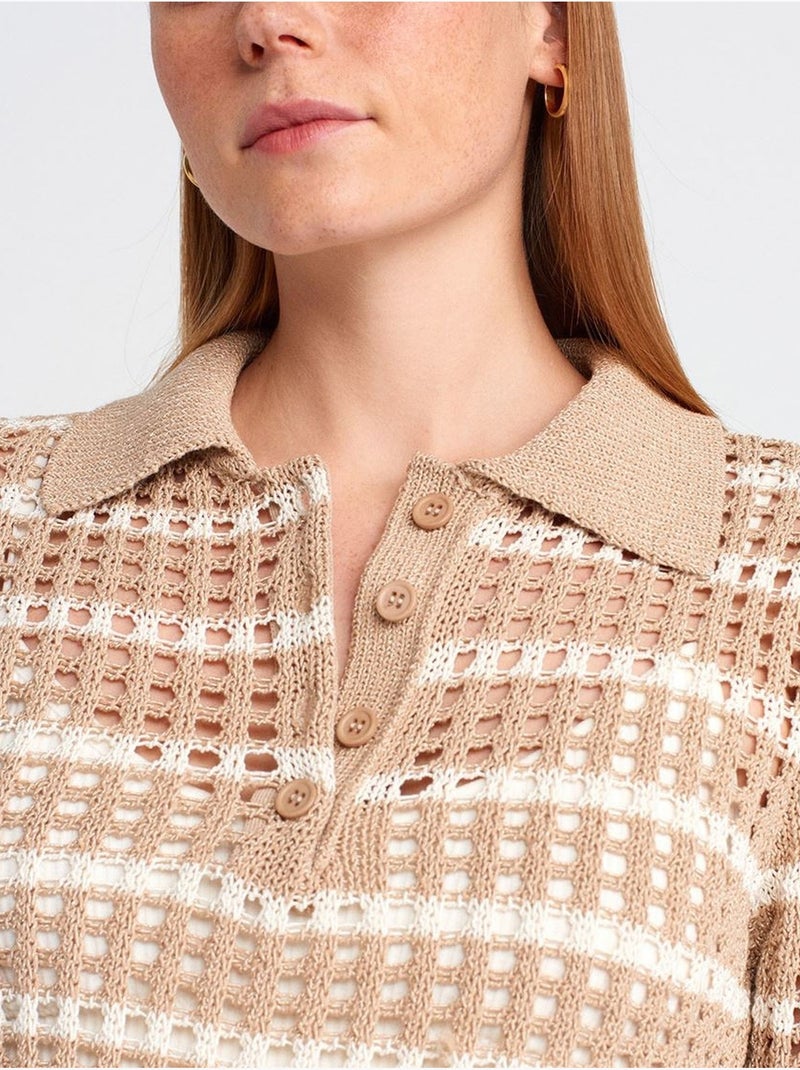 Maglione in maglia a righe con colletto polo e bottoni Beige naturale - Kiabi