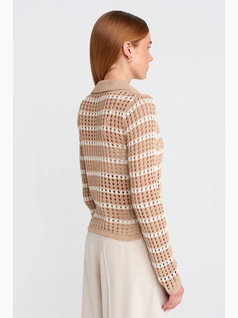 Maglione in maglia a righe con colletto polo e bottoni dilvin Beige naturale - Kiabi