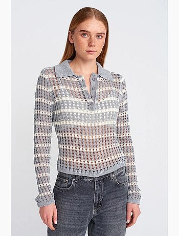 Maglione in maglia a righe con colletto polo e bottoni dilvin