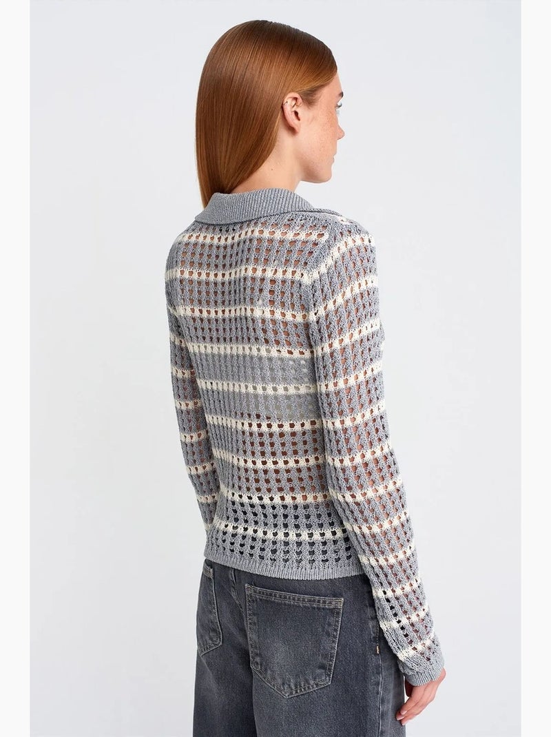 Maglione in maglia a righe con colletto polo e bottoni dilvin Grigio chiaro - Kiabi