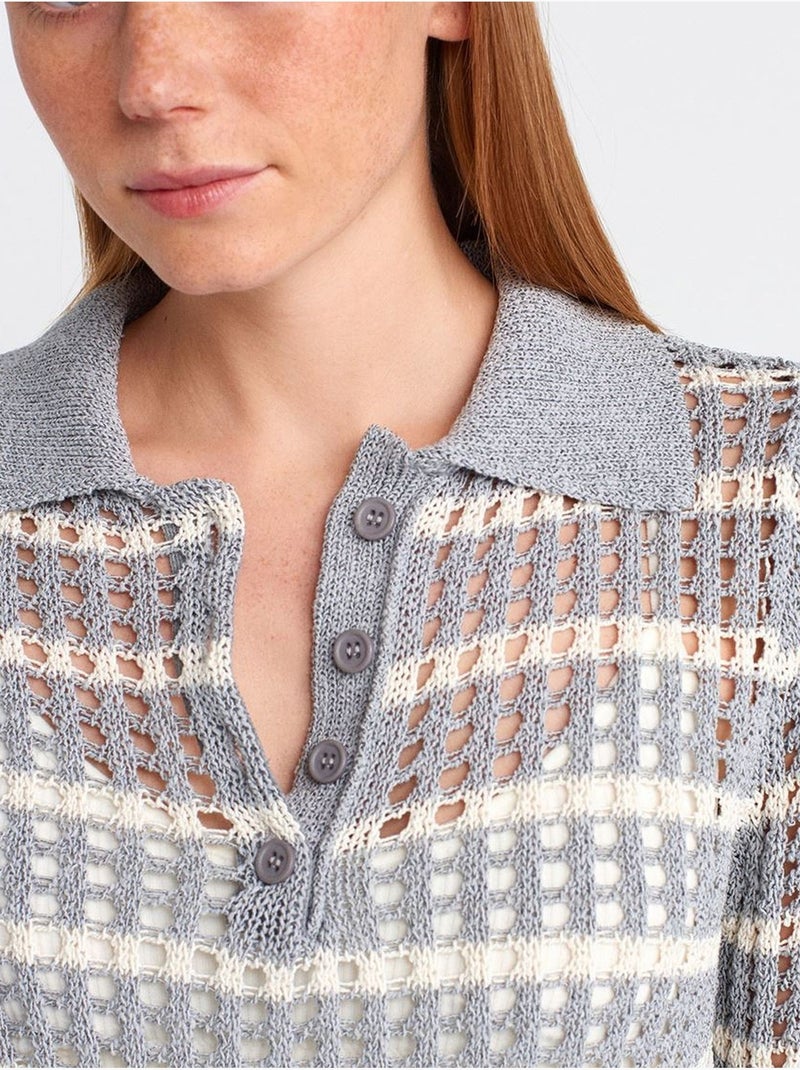 Maglione in maglia a righe con colletto polo e bottoni Grigio chiaro - Kiabi