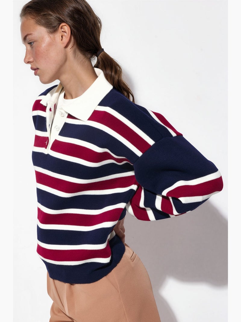 Maglione in maglia a righe con colletto polo hiccup Blu marino - Kiabi