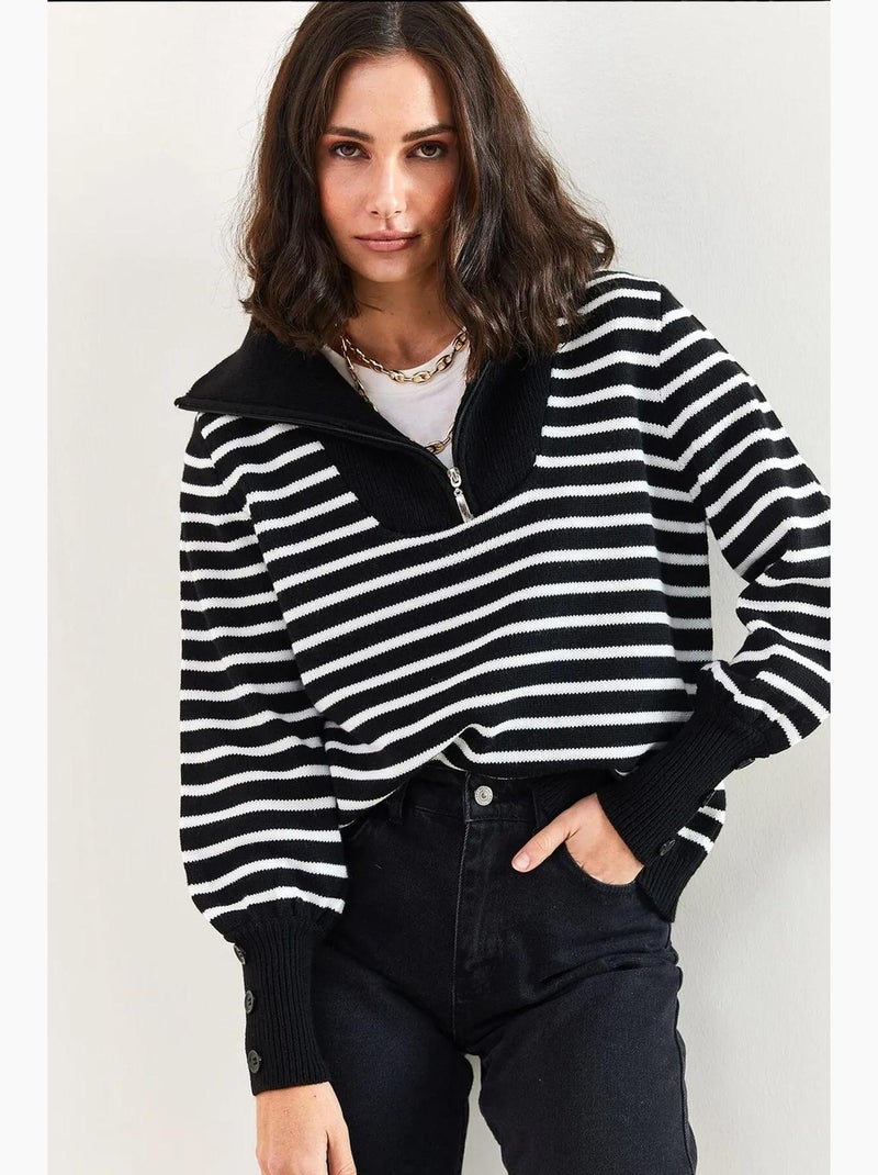 Maglione in maglia a righe con mezza zip lucci Nero - Kiabi
