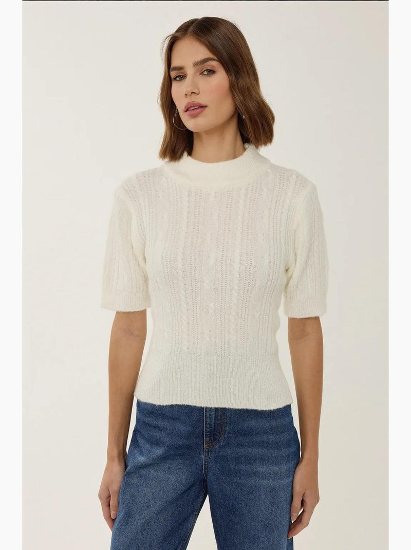 Maglione in maglia a trecce con maniche corte e mezzo collo alto hiccup Beige naturale - Kiabi