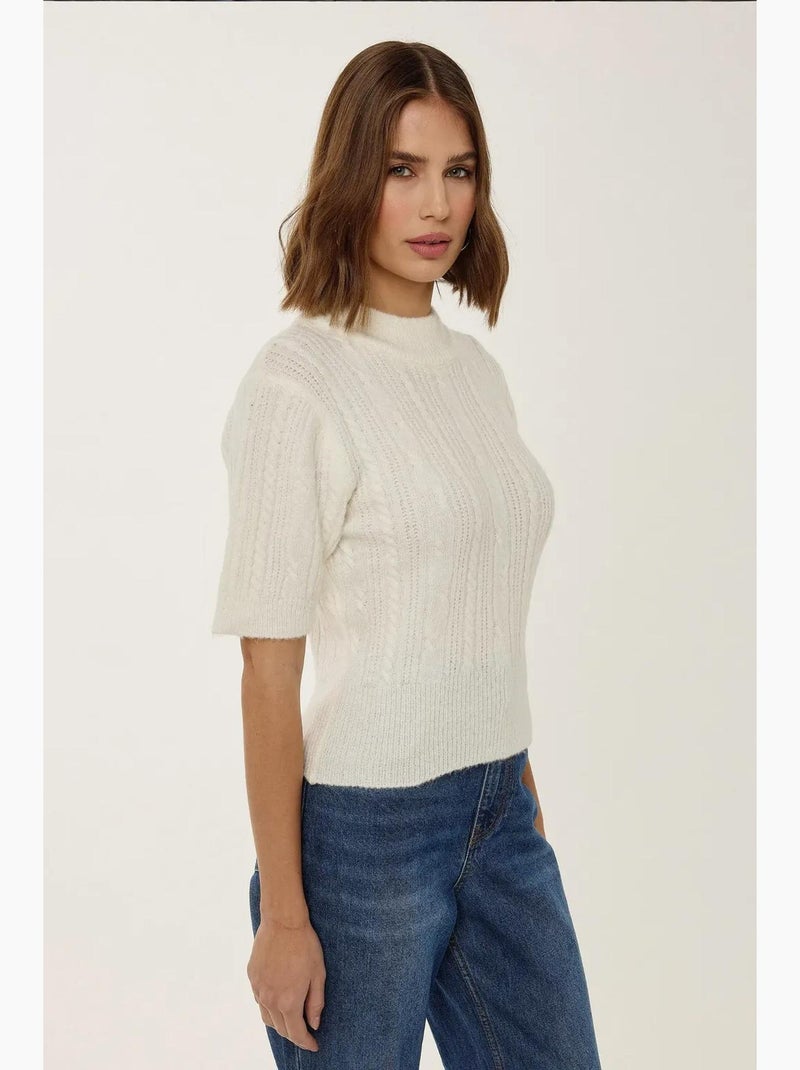 Maglione in maglia a trecce con maniche corte e mezzo collo alto hiccup Beige naturale - Kiabi