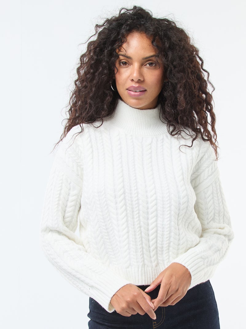 Maglione in maglia a trecce e collo alto Bianco Donna