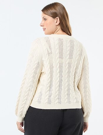 Maglione in maglia a trecce e traforata con scollo rotondo